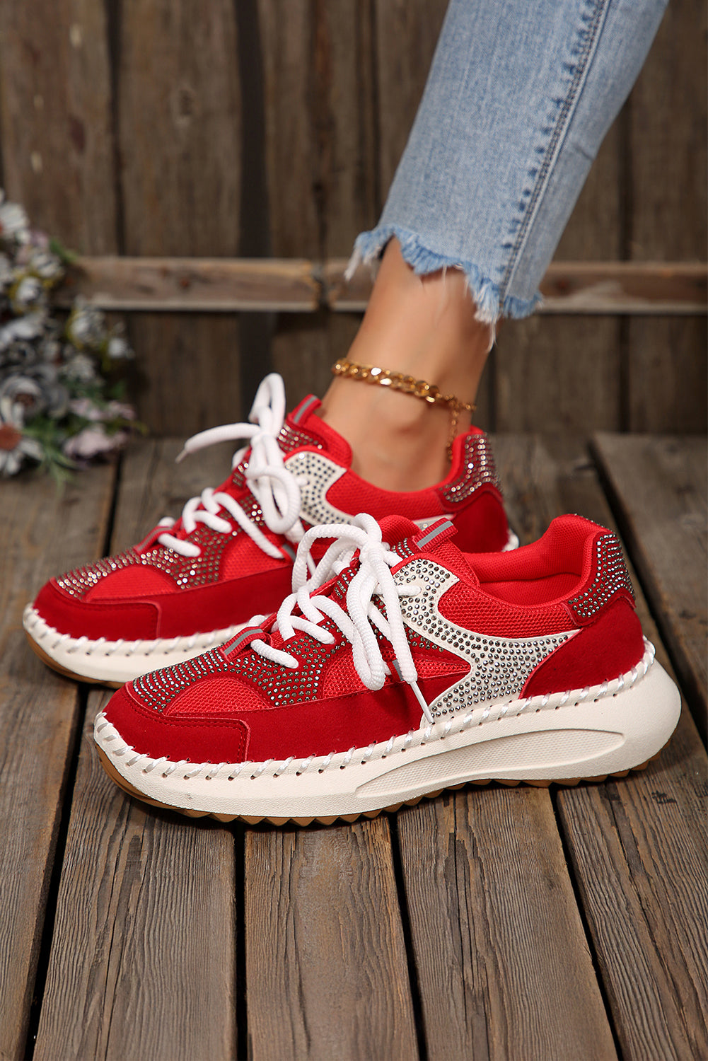 Rhinestone Embellished Color Block Patchwork Lace-up Breathable Sneakers