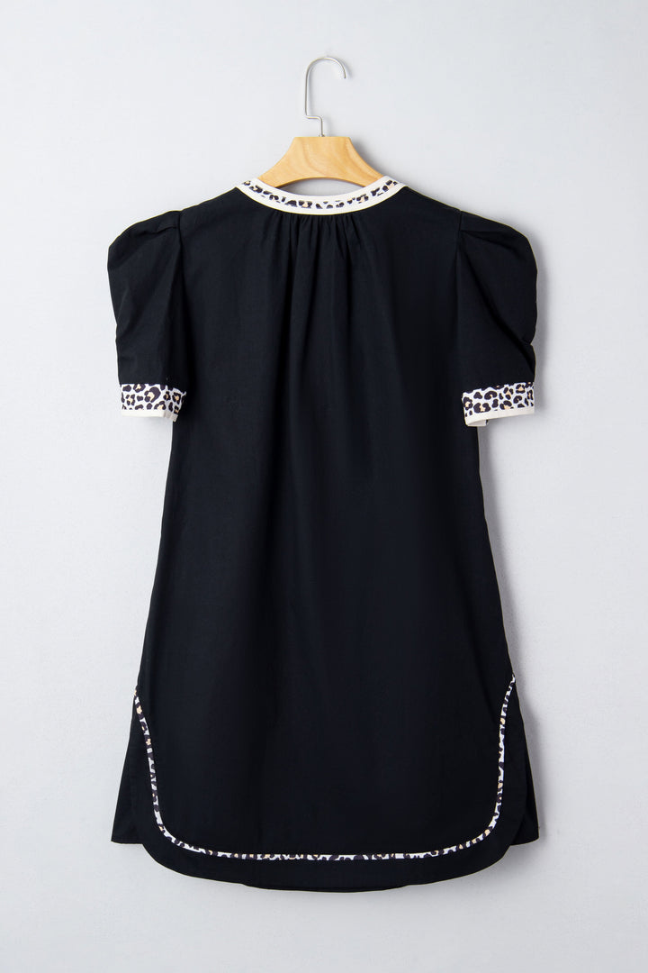 Black Leopard Trim Notched Neck Short Puff Sleeve Shift Mini Dress