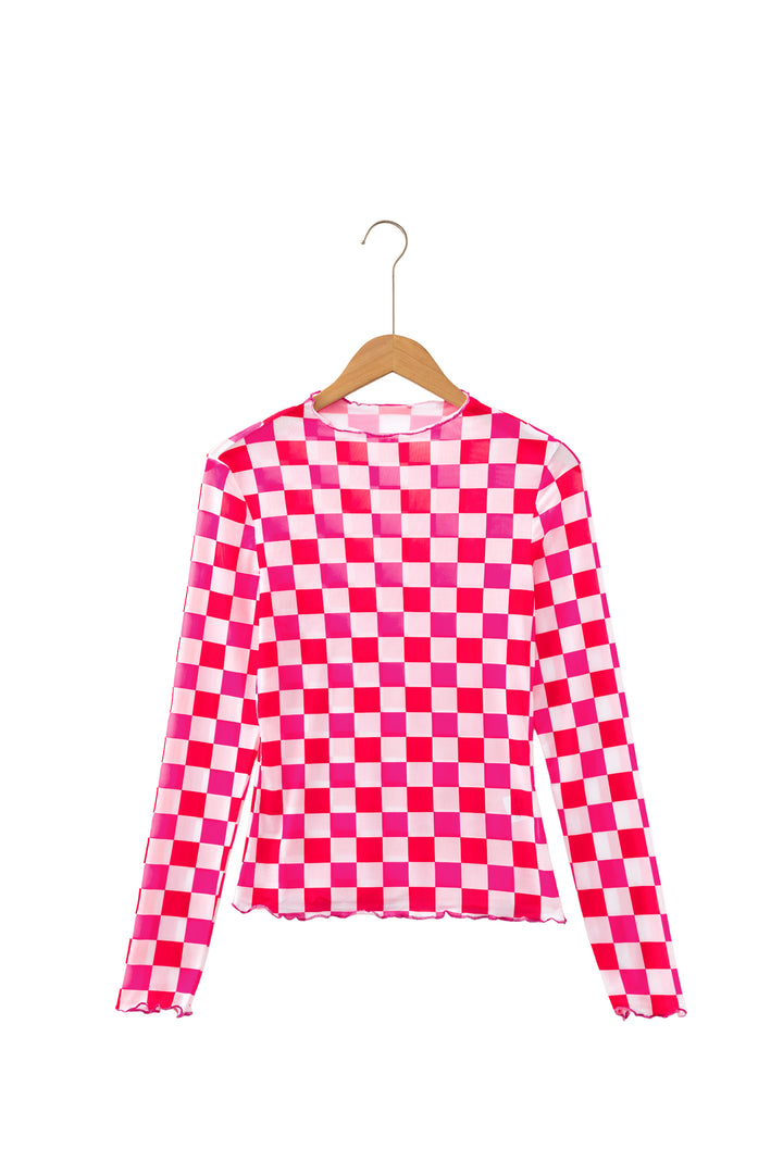 Rose Plaid Mesh Sheer Long Sleeve Top