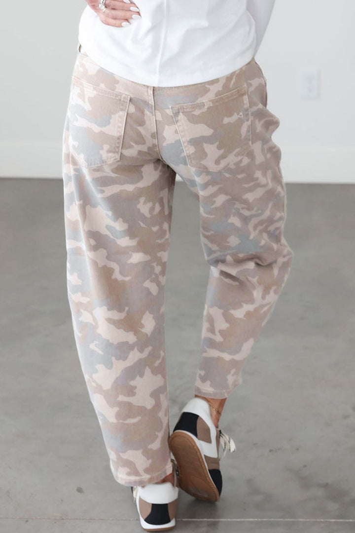 Khaki Camouflage Print Pocket Ankle-Length Barrel Jeans