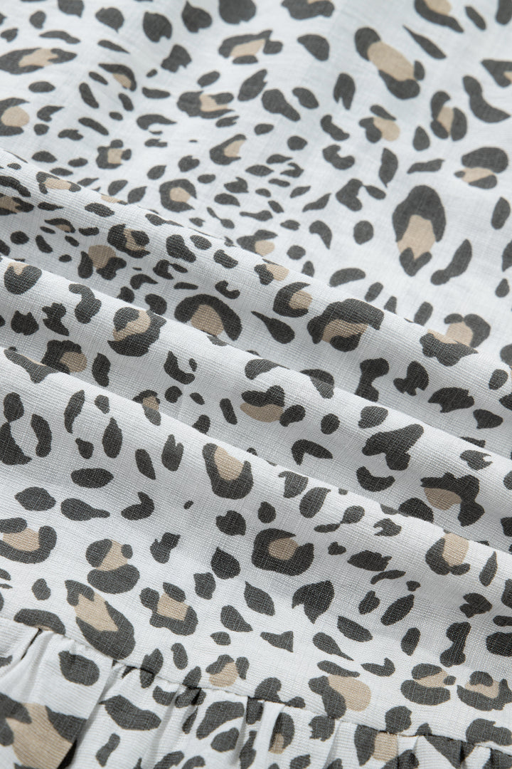 White Leopard Contrast Trim Button Front Short Puff Sleeve Long Dress