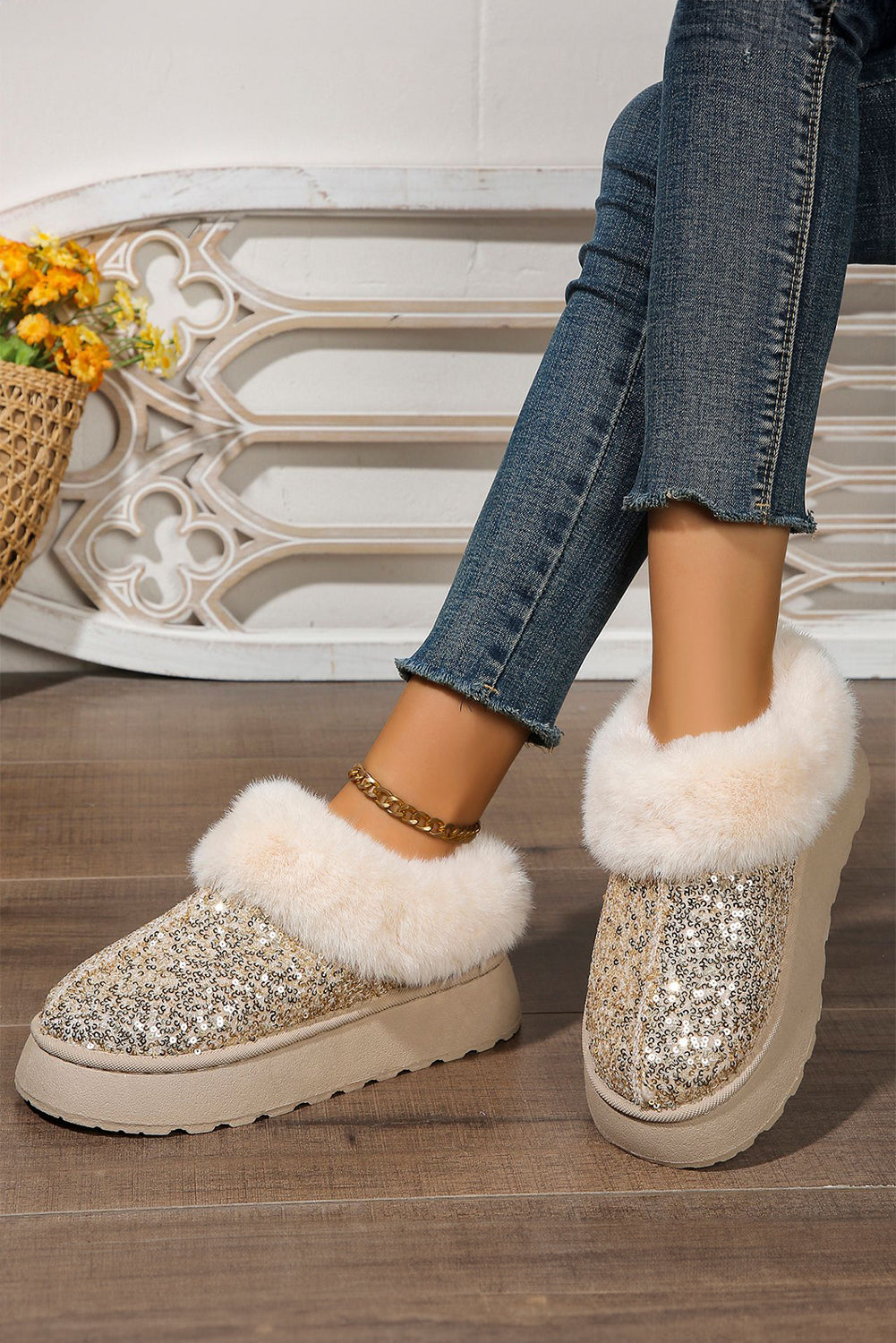Bottes de neige à semelle épaisse doublées de peluche à paillettes