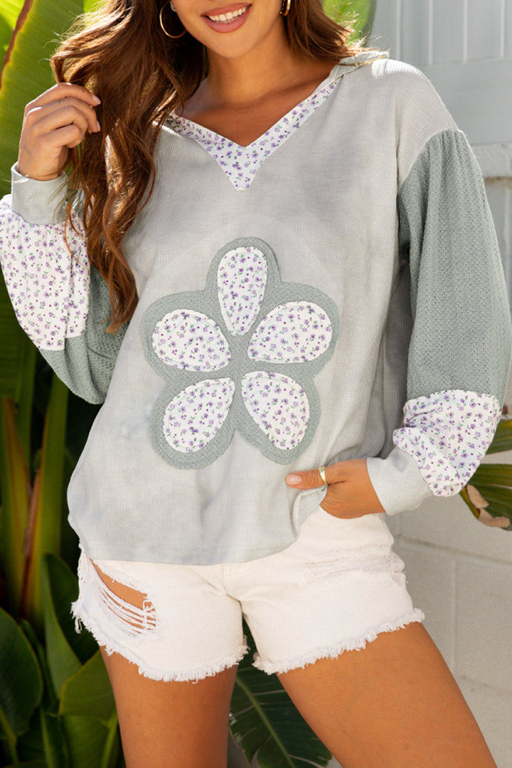 Floral Patched Waffle Textured Colorblock V Neck Casual Hooded Top