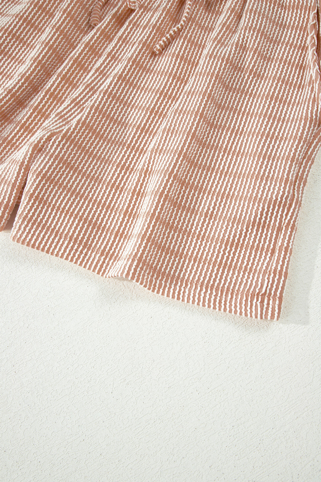 Khaki Stripe Raised Rib Loose Tee Drawstring Elastic Waist 2pcs Short Set