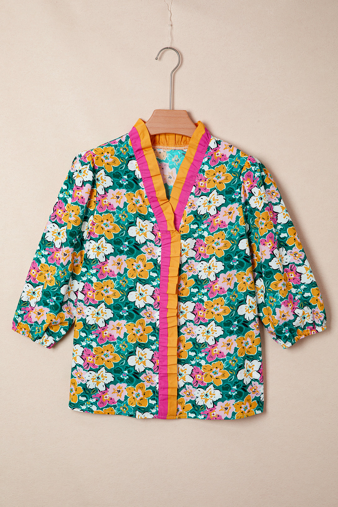 Floral Print Contrast Trim Frilled V Neck 3/4 Sleeve Blouse