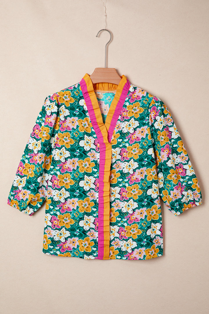 Floral Print Contrast Trim Frilled V Neck 3/4 Sleeve Blouse
