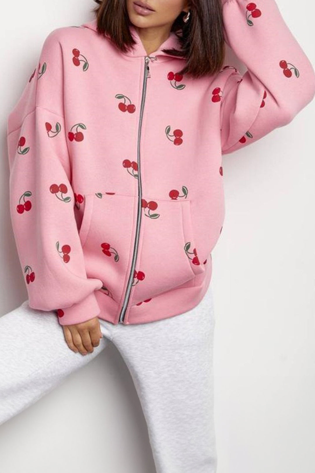 Pink Cherry Print Zip Up Pocketed Hoodie Jacket