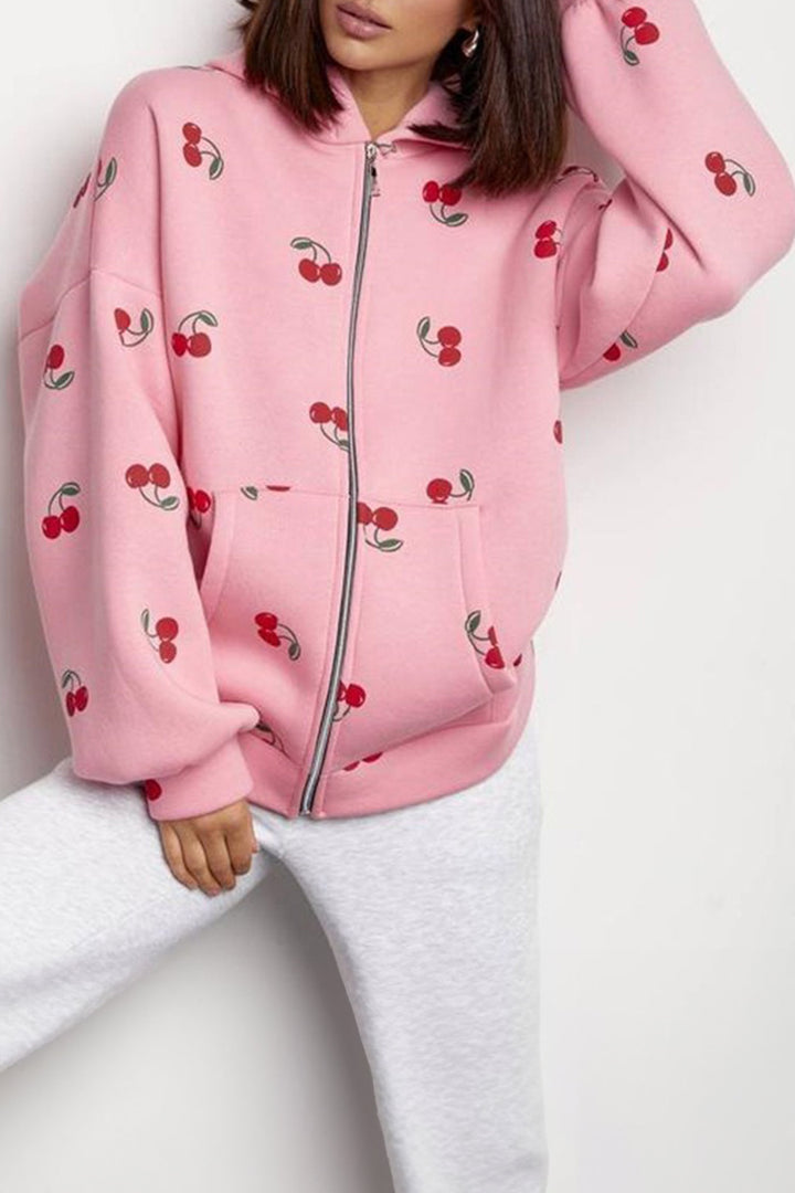 Pink Cherry Print Zip Up Pocketed Hoodie Jacket