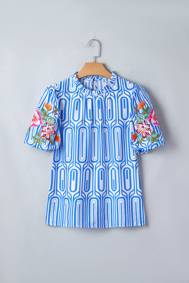 Sky Blue Unique Geometry Print Floral Embroidered Puff Sleeve Blouse