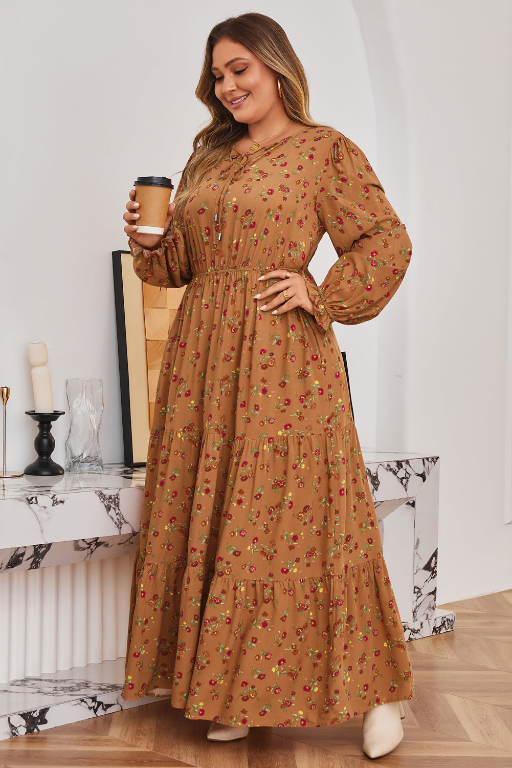 Brown Plus Size Floral Split V Neck Tiered Maxi Dress
