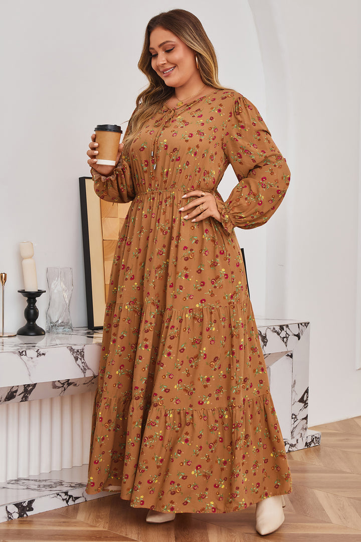 Brown Plus Size Floral Split V Neck Tiered Maxi Dress