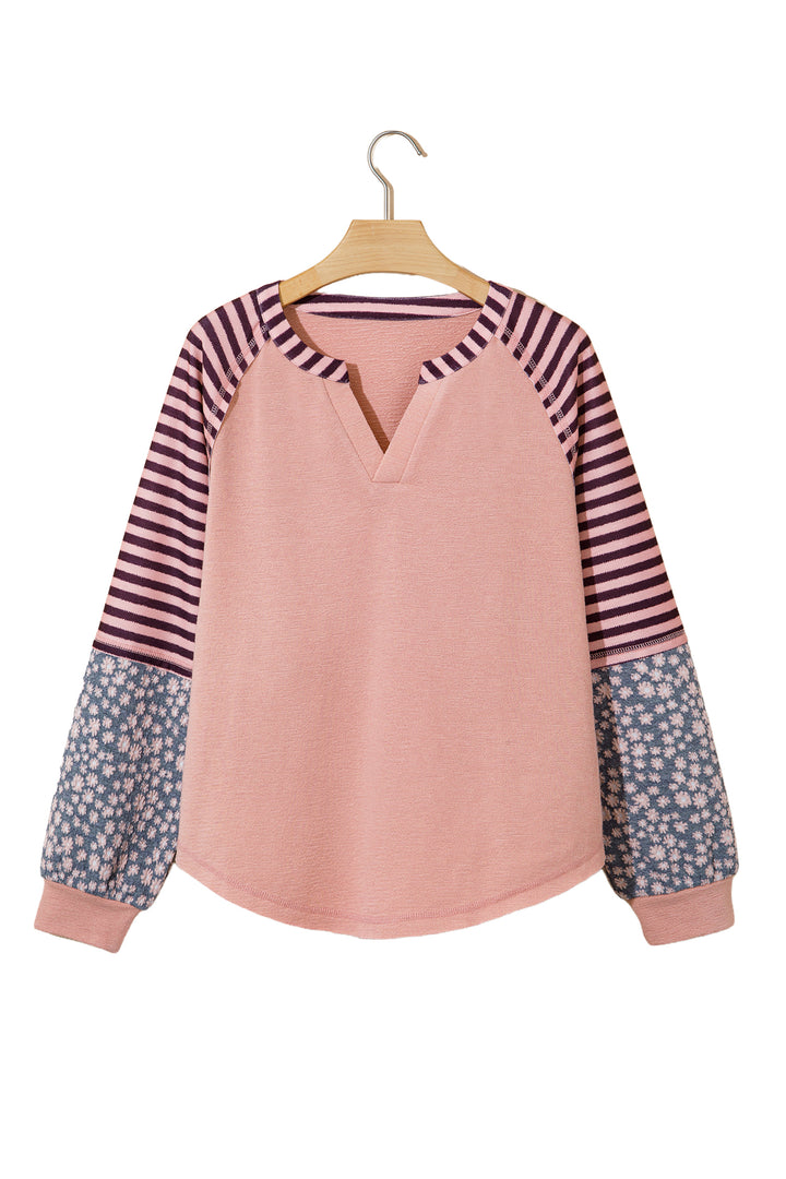 Light Pink V Neck Colorblock Patchwork Striped Floral Long Sleeve Casual Top