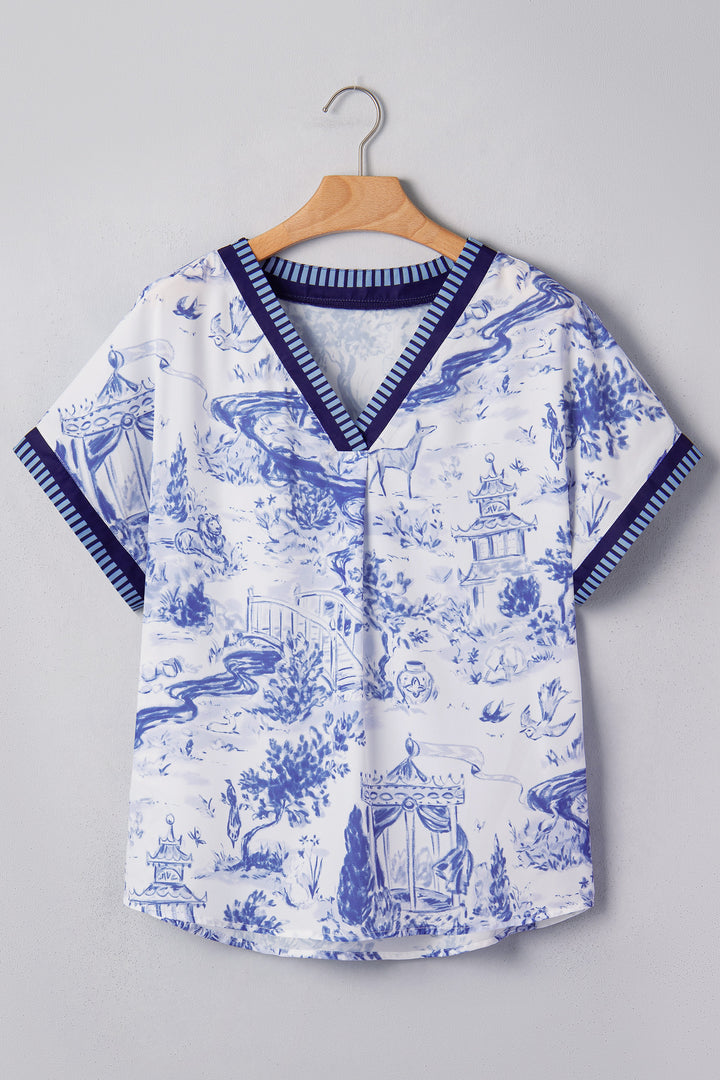 Blue Wild Animal Paradise Striped Trim V Neck Short Sleeve Blouse