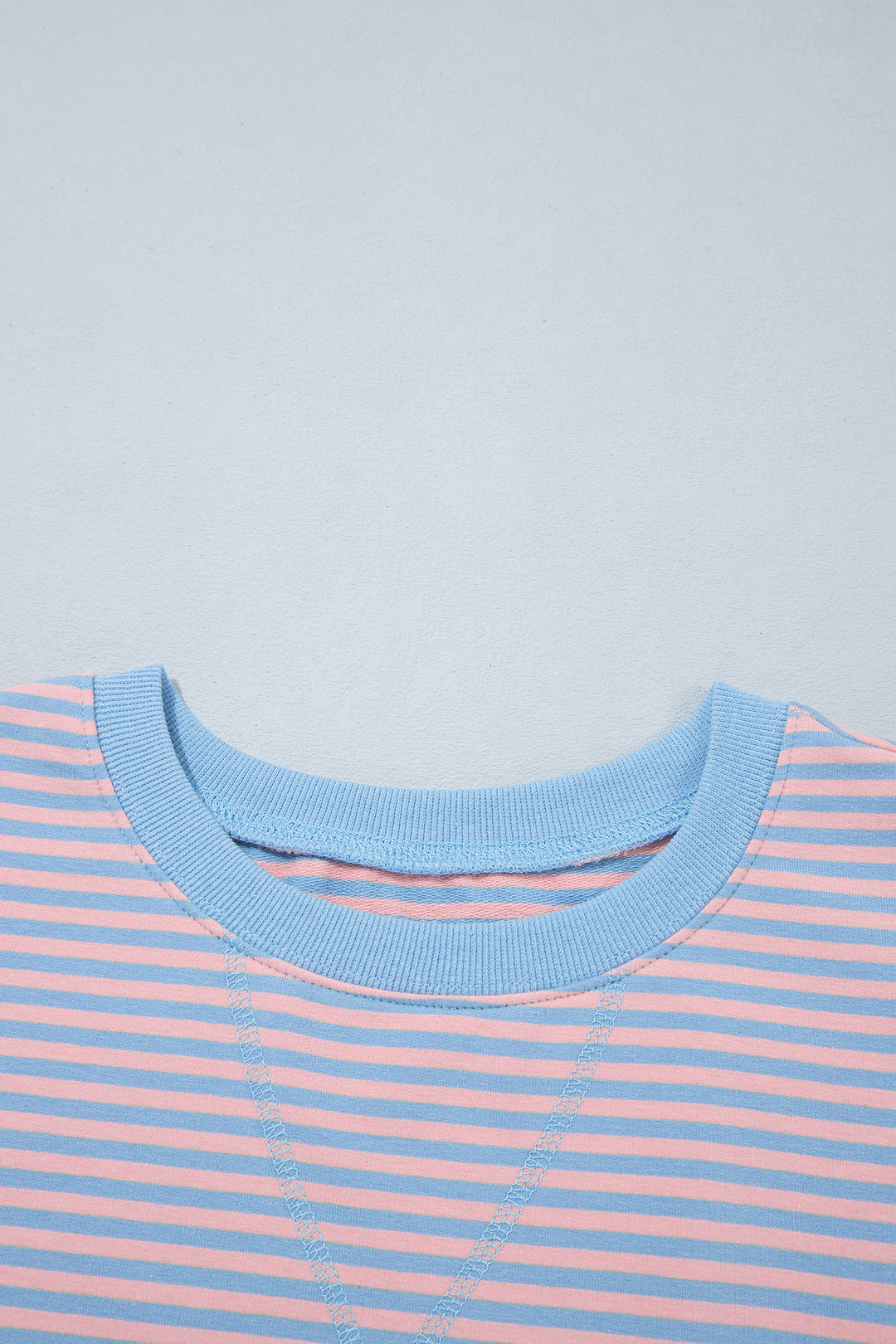 Sky Blue Stripe Colorblock Scalloped Trim Loose 3/4 Sleeve Top