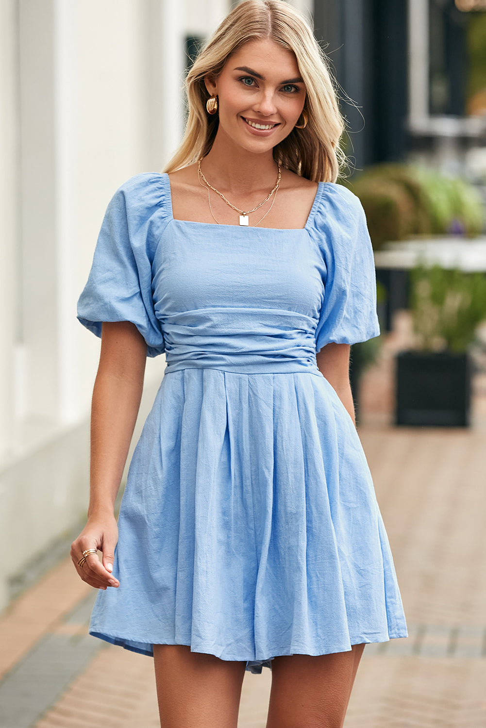 Sky Blue Brown Square Neck Ruched Puff Sleeve Romper