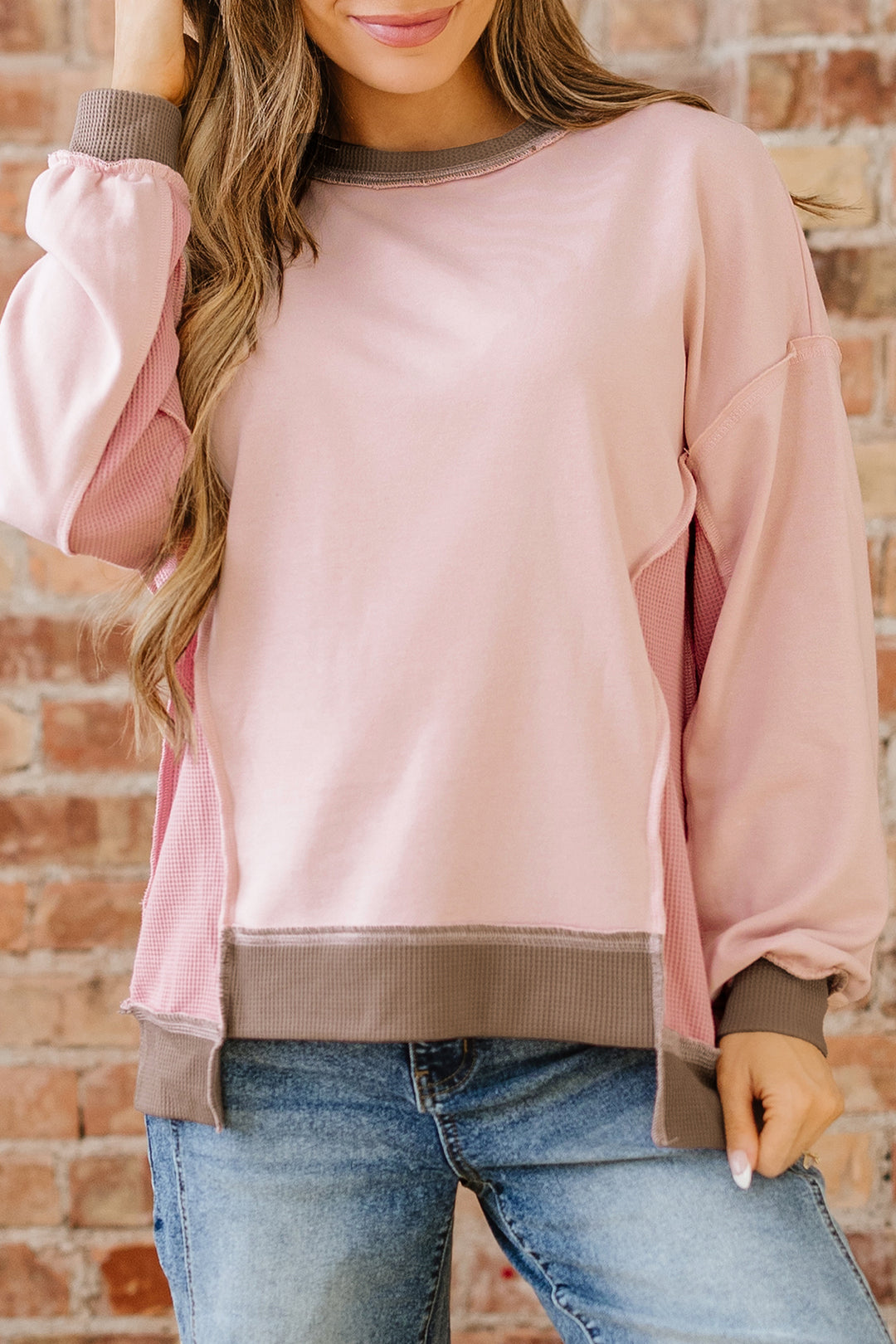 Color Block Mix Texture Waffle Patchwork Oversize Sweatshirt