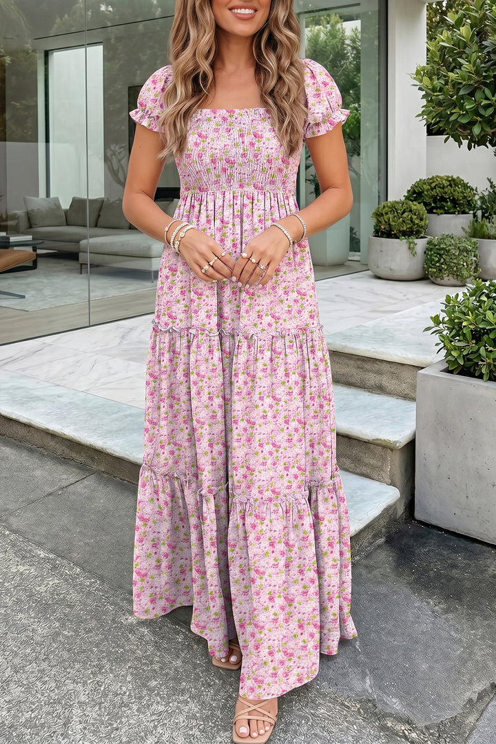 Pink Floral Short Shirred High Waist Maxi Dress