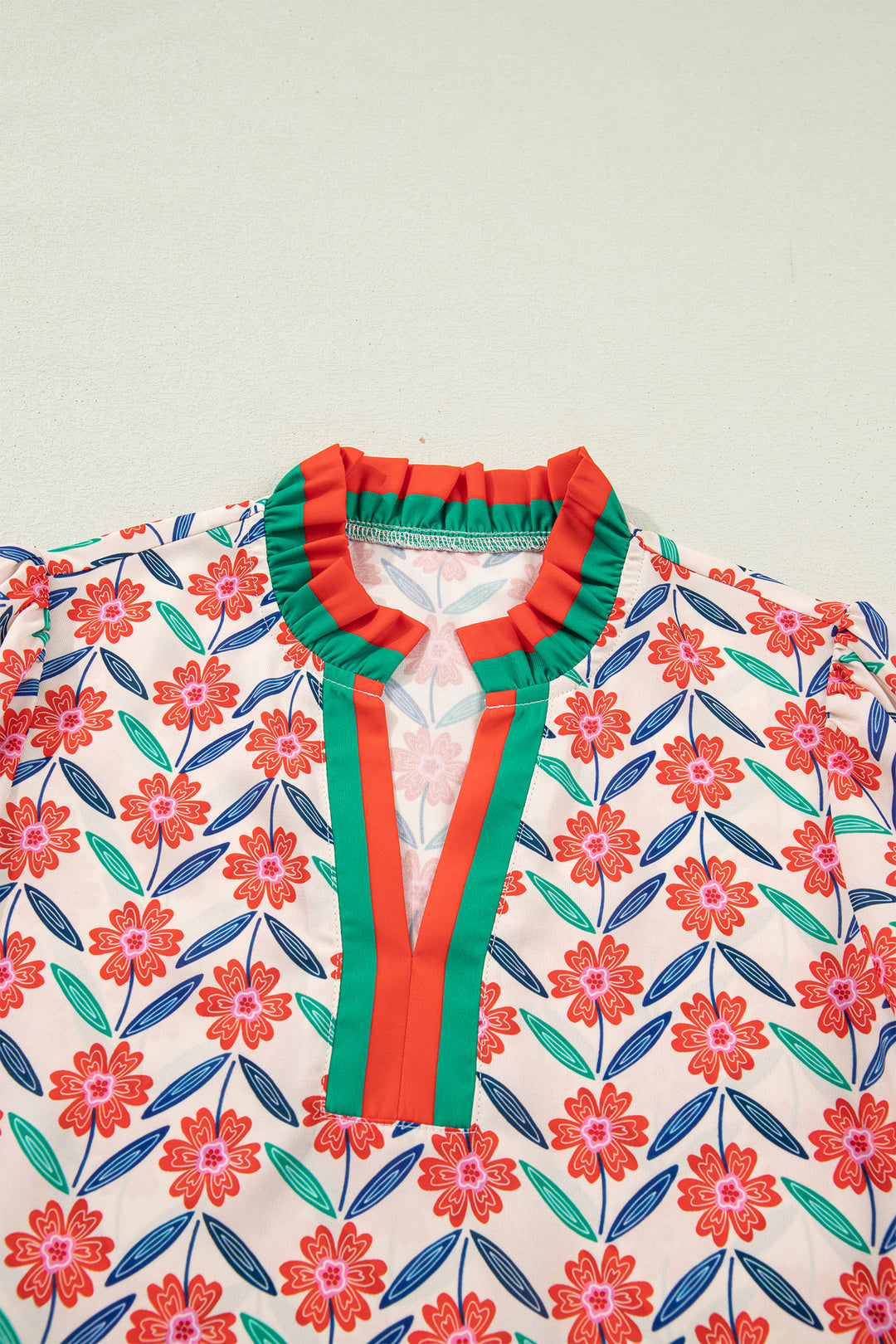 Floral Print Striped Detail V Neck Ruffled Short Sleeve Blouse