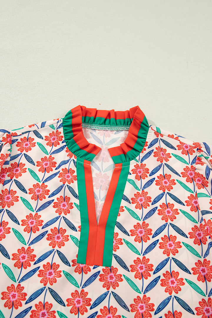 Floral Print Striped Detail V Neck Ruffled Short Sleeve Blouse
