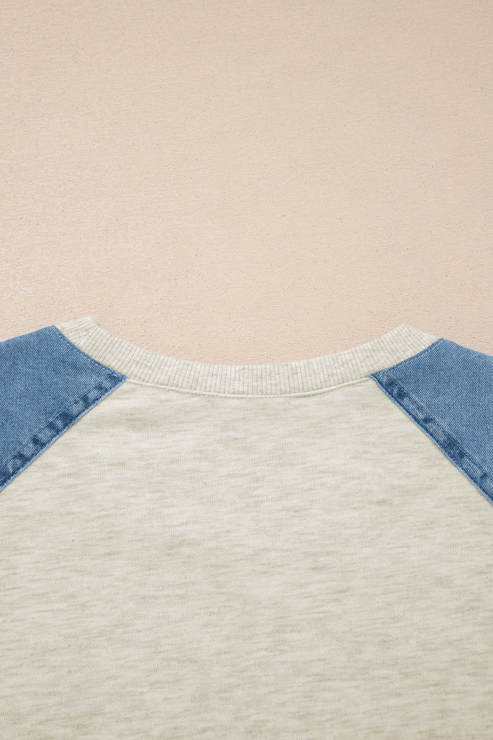 Beige Denim Color Block Patchwork Round Neck Tee