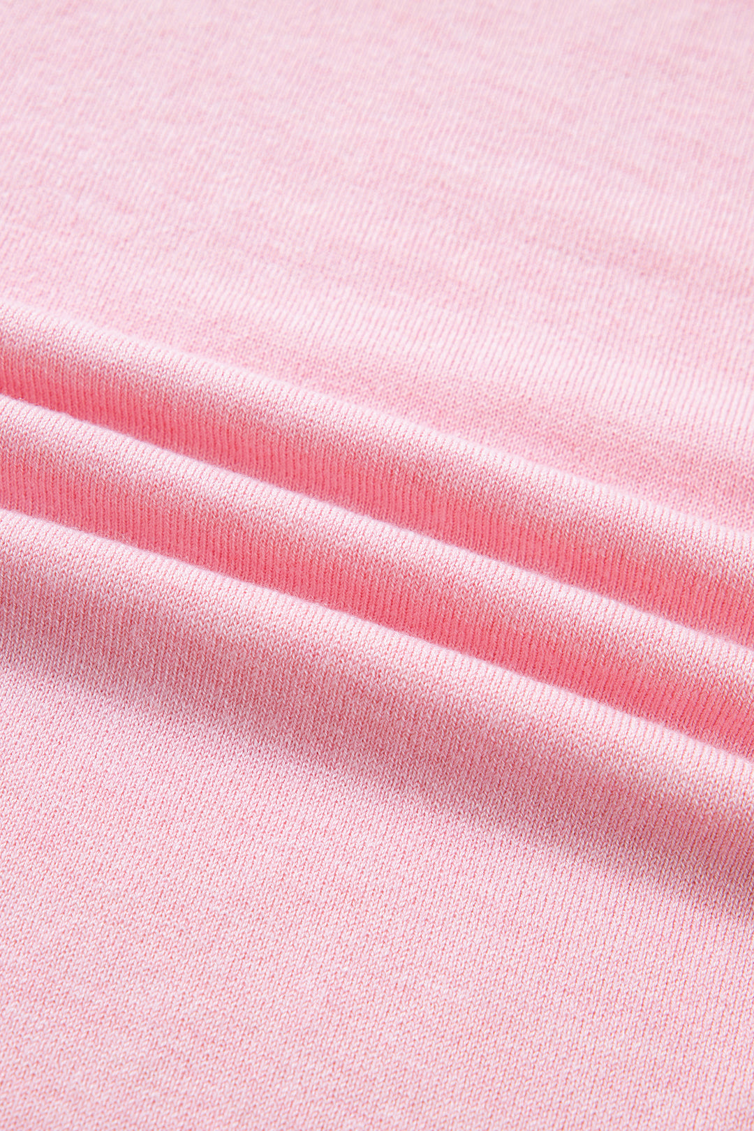 Pink Stand Neck Contrast Wavy Trim Short Sleeve Sweater
