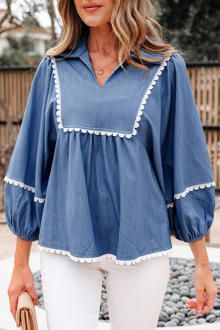 Lace Ric Rac 3/4 Puff Sleeve Collared Babydoll Blouse