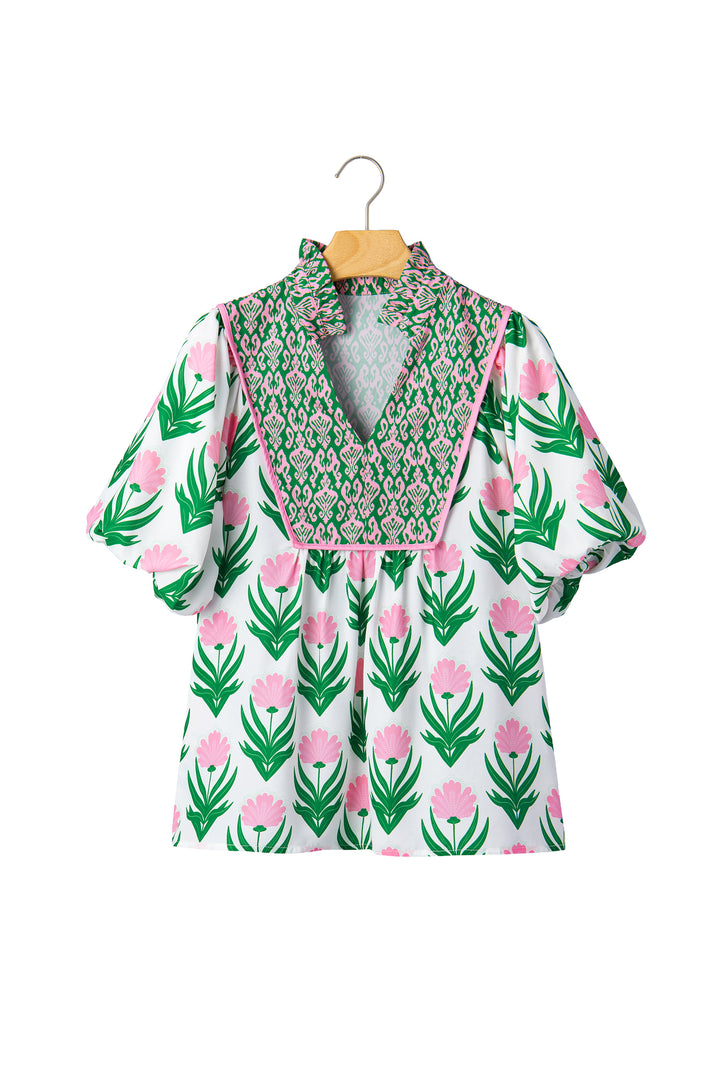 Multicolour Floral Print Puff Sleeve Contrast Bordered V Neck Blouse