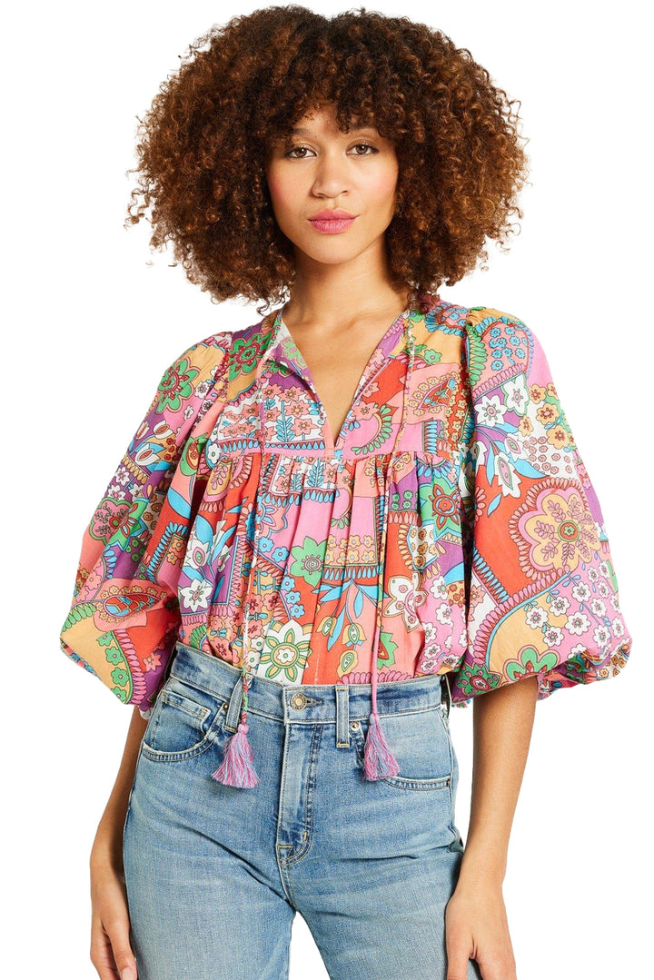 Boho Floral Bubble Sleeve Tassel Tied Neck Pleated Blouse