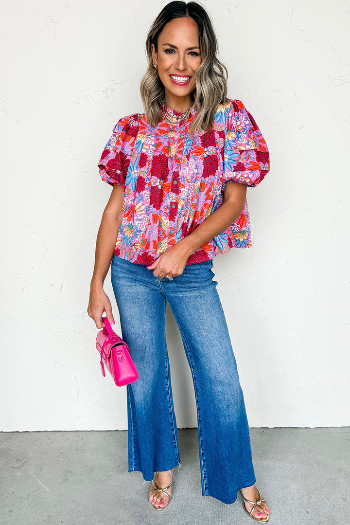 Floral Print Bubble Sleeve Button Up Pleated Shirt