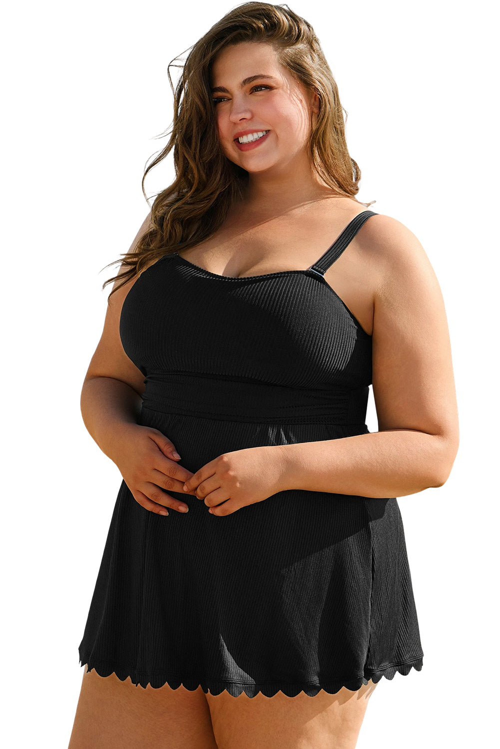 Plus Size Textured Scalloped Trim Swim Dress with Panty