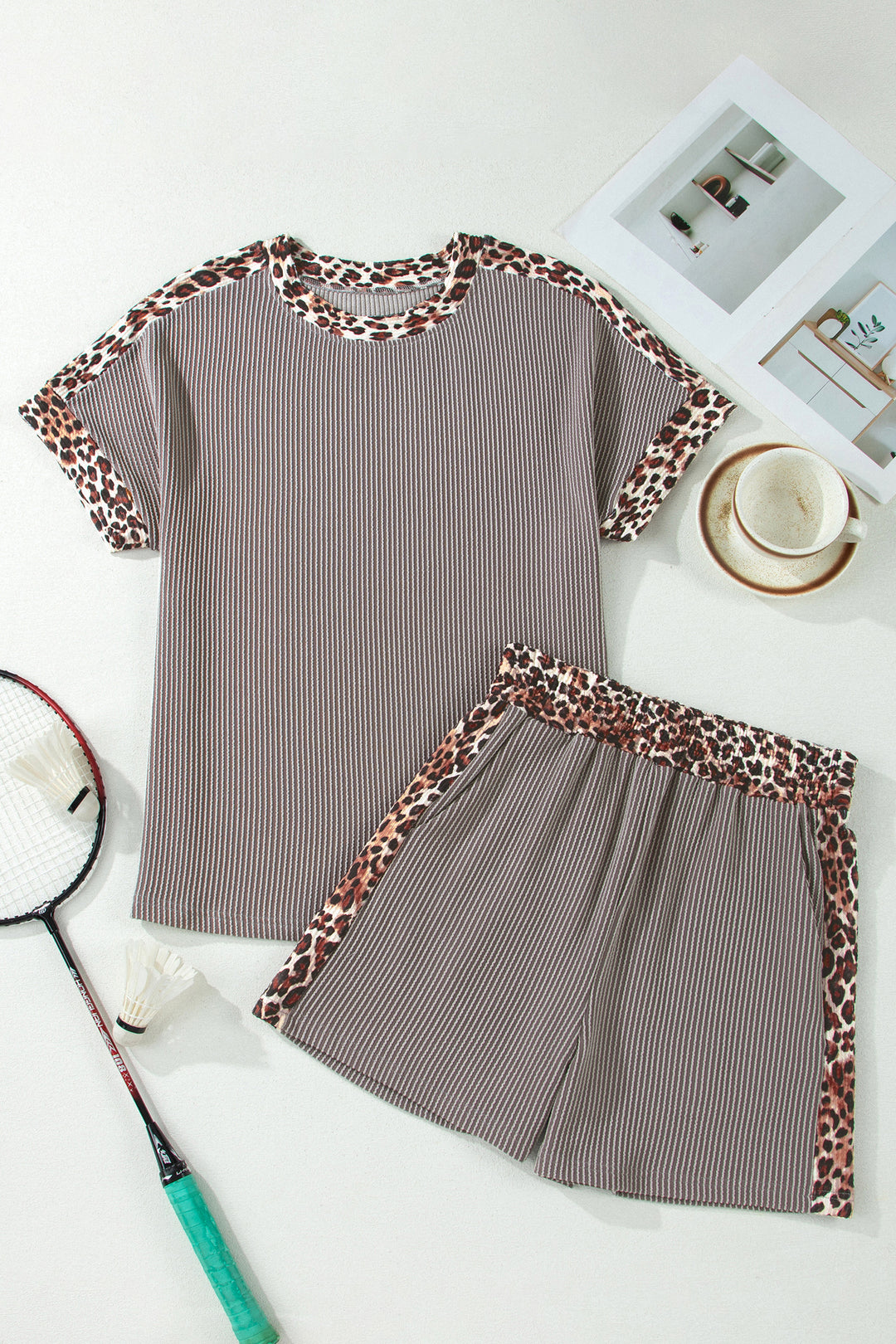 Light Grey Leopard Trim Twist Ribbed Short Set