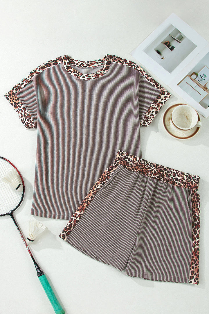 Light Grey Leopard Trim Twist Ribbed Short Set
