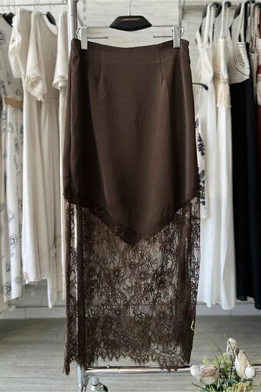 Casual Dark Brown Lace Patchwork Hem Shift Long Skirt