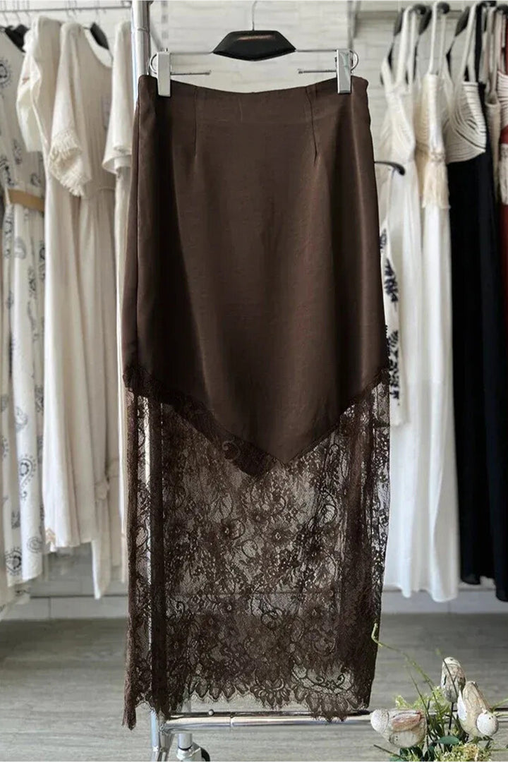 Casual Dark Brown Lace Patchwork Hem Shift Long Skirt