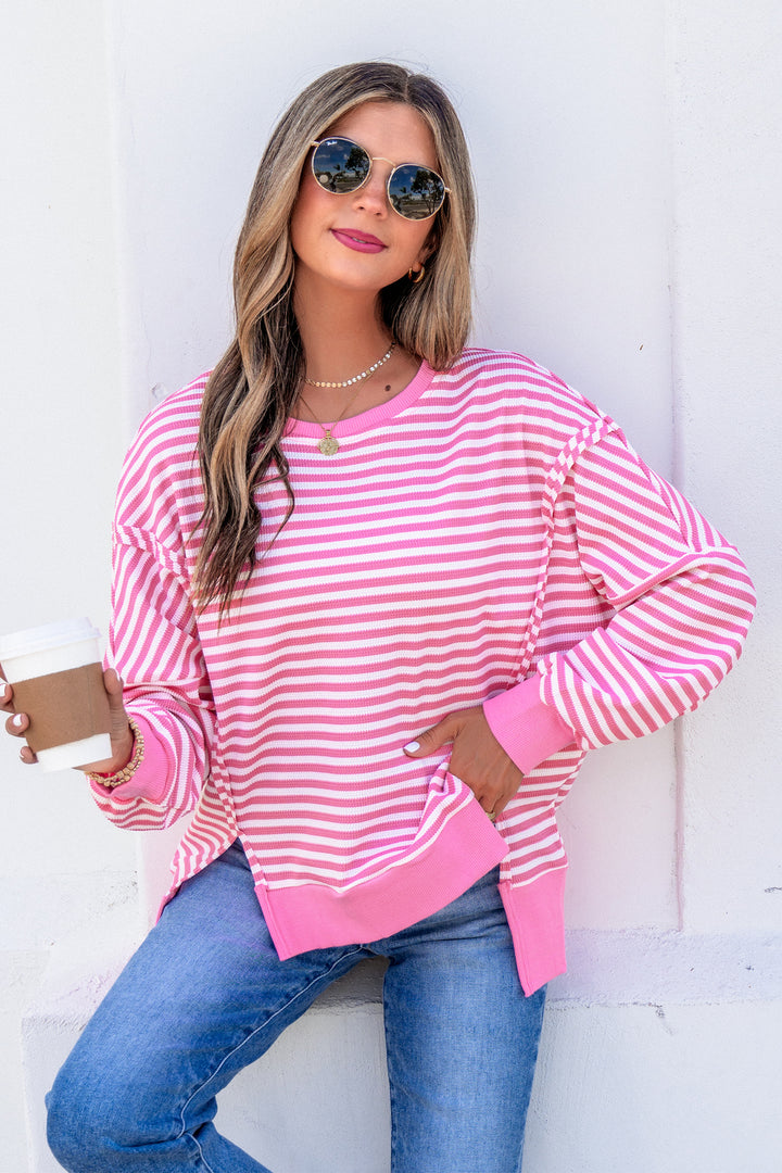 Pink Stripe Textured Knit Trim Split Hem Long Sleeve Top