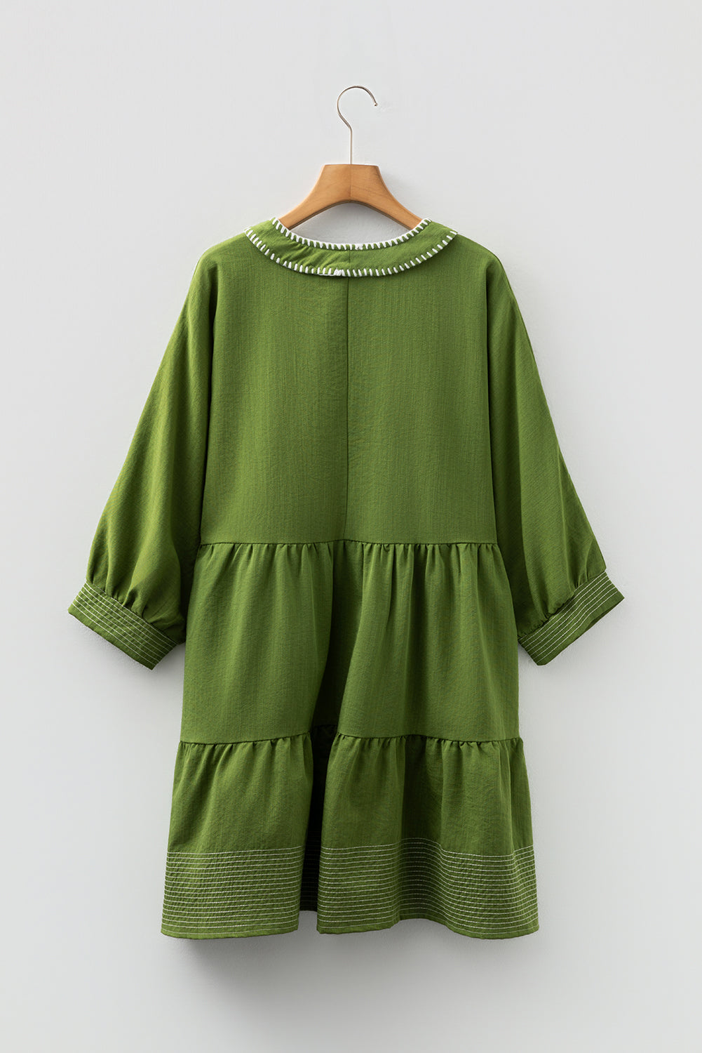 Contrast Stitched V Neck 3/4 Sleeve Tiered Mini Dress