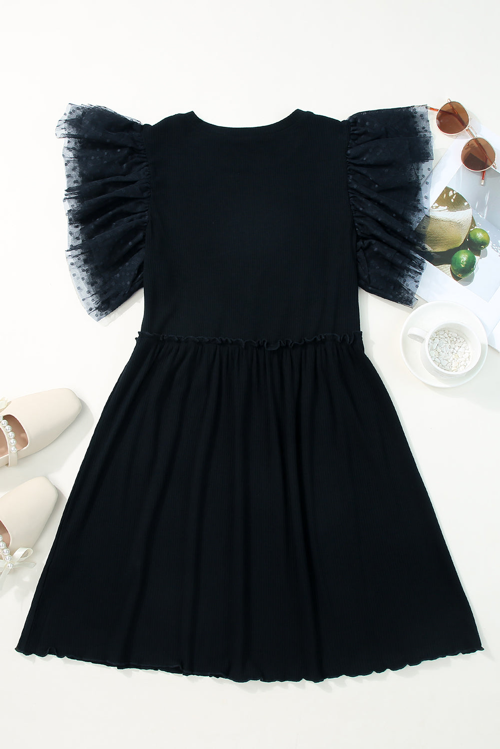 Dotty Mesh Ruffle Sleeve Ribbed Knit Babydoll Mini Dress