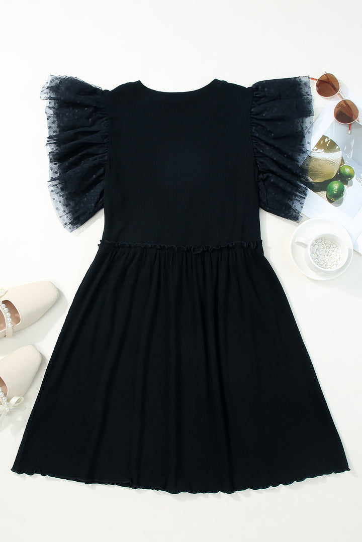 Dotty Mesh Ruffle Sleeve Ribbed Knit Babydoll Mini Dress