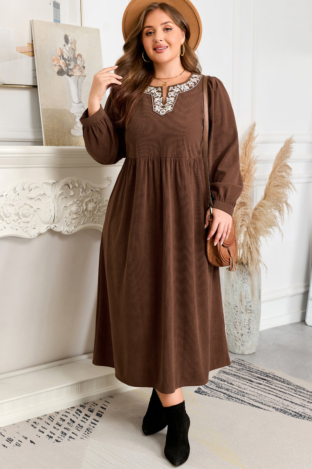 Coffee Embroidered Notched Neckline Pleated High Waist Plus Size Midi Dress