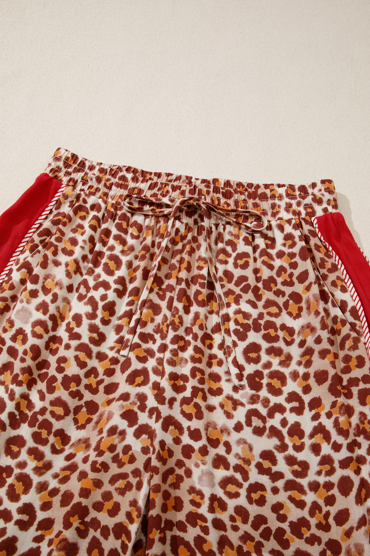 Brown Contrast Trim Leopard Top and Pant Set