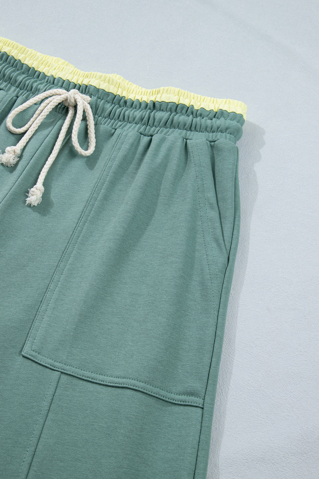 Sea Green Color Block Flower Patchwork Drawstring Contrasted Elastic Waist Wide Leg Pants