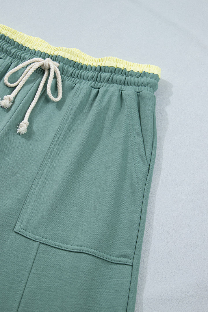 Sea Green Color Block Flower Patchwork Drawstring Contrasted Elastic Waist Wide Leg Pants