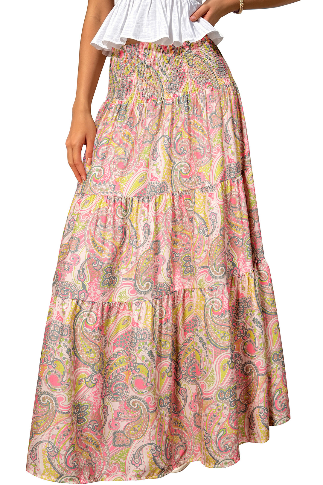 Gossamer Pink Boho Vintage Paisley Print Tiered Long Skirt