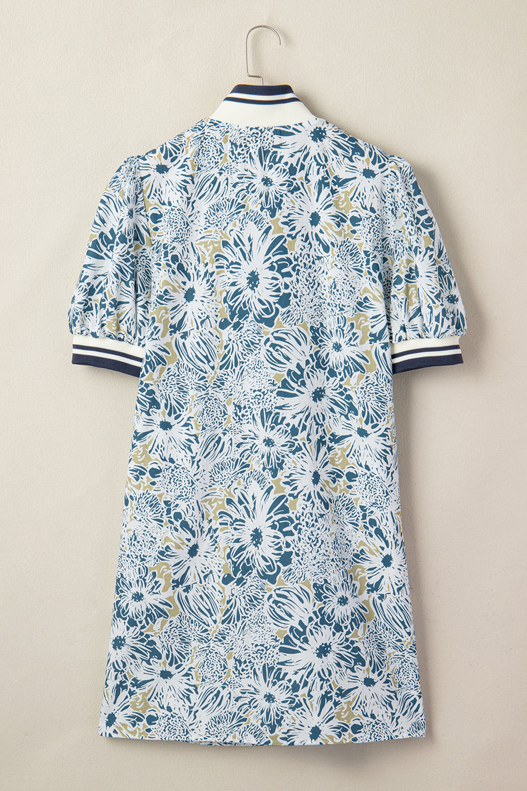 Floral Print Striped Webbing Patchwork Collar Short Sleeve Mini Dress