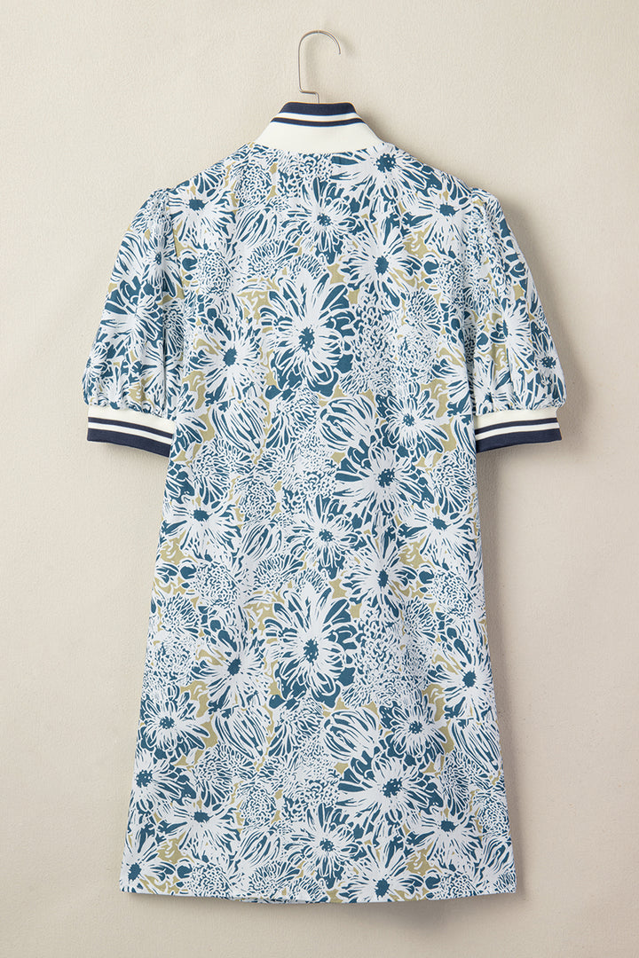 Floral Print Striped Webbing Patchwork Collar Short Sleeve Mini Dress
