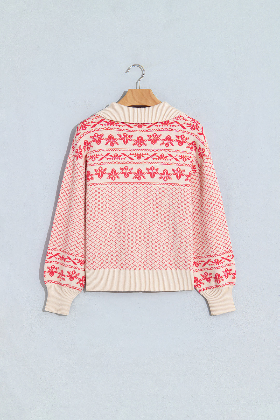 Sachet Pink Cozy Abstract Print Button Stand Neck Casual Sweater