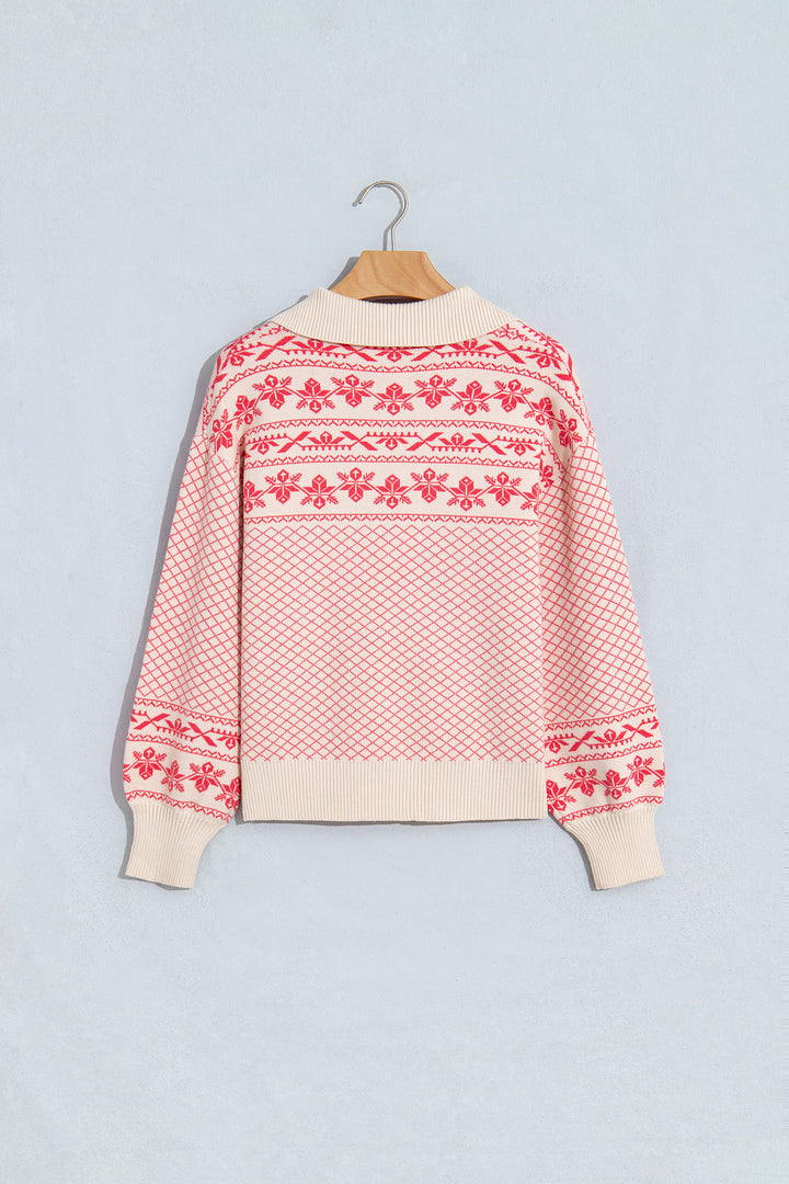 Sachet Pink Cozy Abstract Print Button Stand Neck Casual Sweater