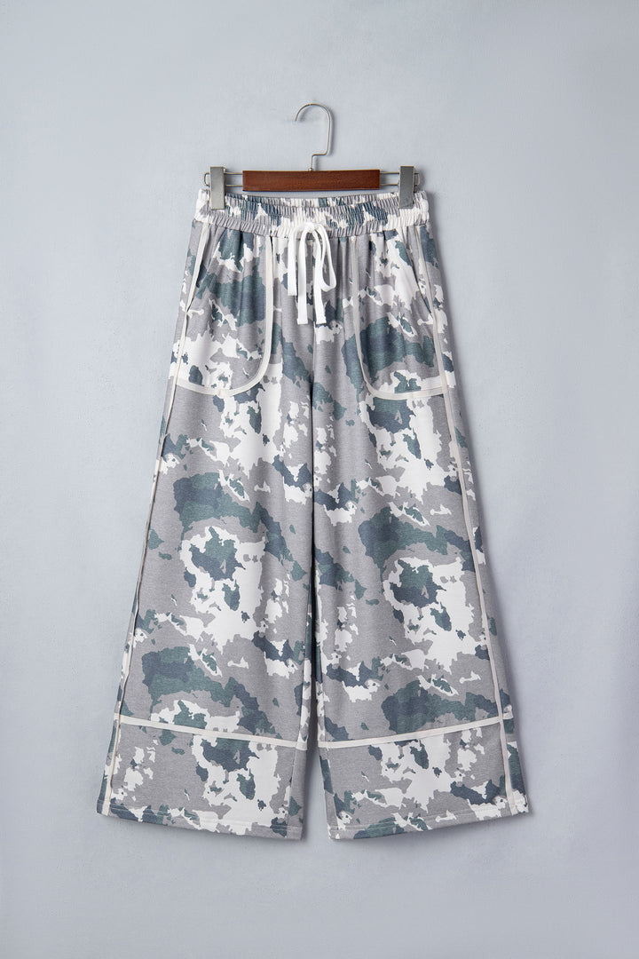Brown Camouflage Print Contrast Lace-up Raw Edge Pocketed Loose Pants