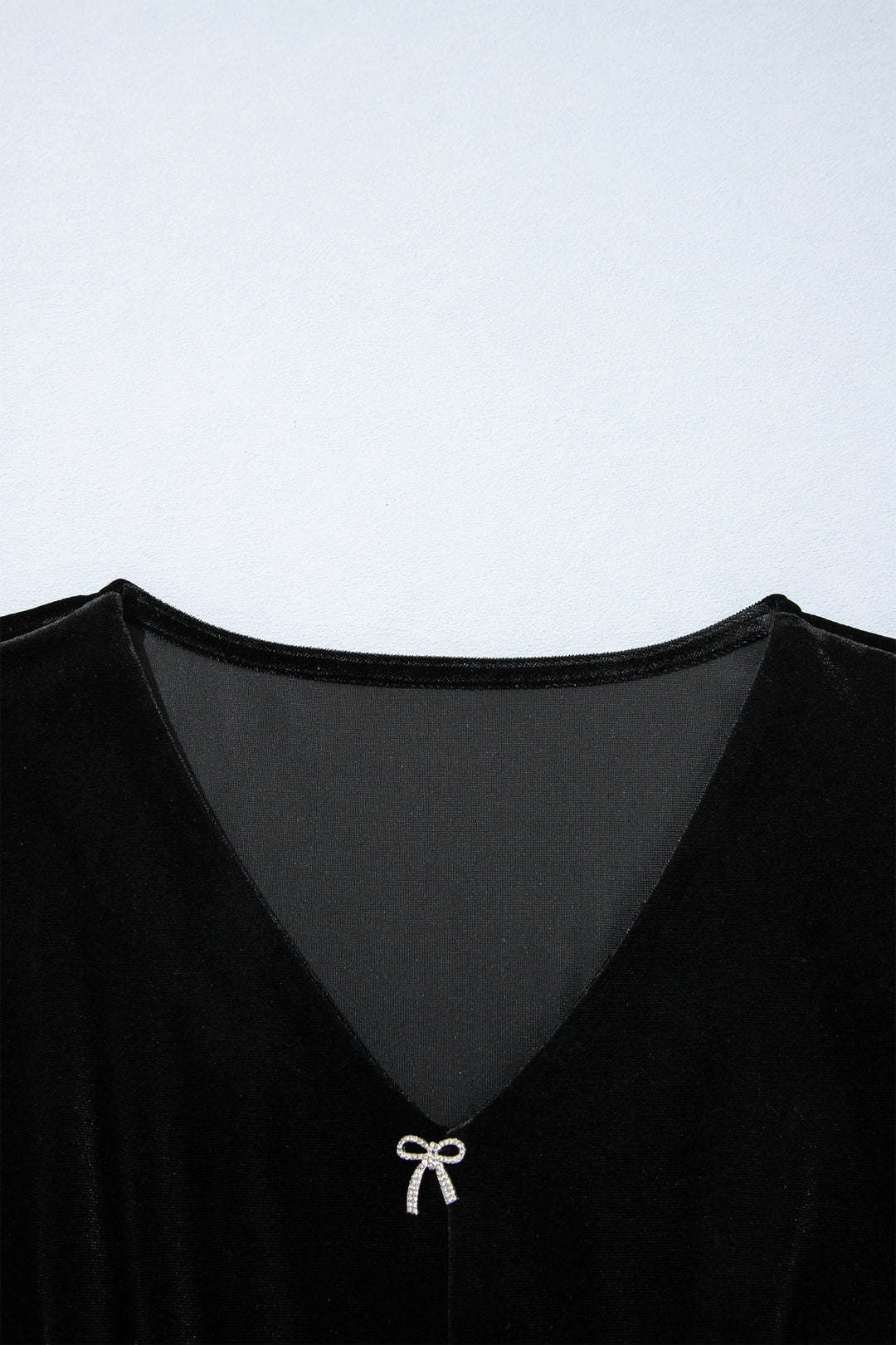 Black V Neck Bow Decoration Peplum Hem Shift Silhouette Short Sleeve Blouse