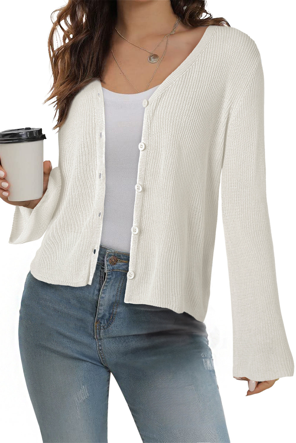Lightweight V Neck Button Front Bell Sleeve Cardigan Sweater